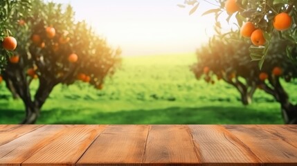 Naklejka na ściany i meble wooden table for product display with bokeh background of a natural green easter field ,Generative AI.