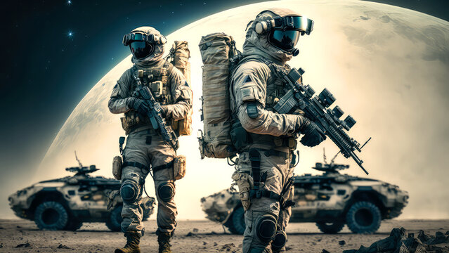 Futuristic space army with soldiers and vehicles on moon. Concept art of scifi space troops on alien planet. Generative AI