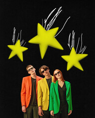 Contemporary art collage of people making wish, star falling on their head on dark mode background.