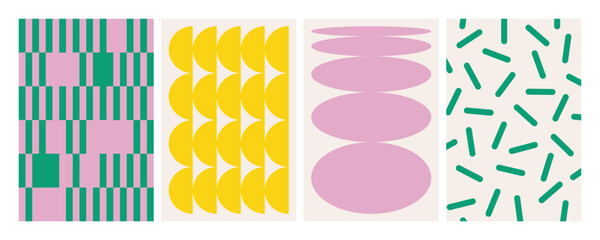 Naive playful abstract shapes backgrounds. Brutal contemporary figure circle oval wave patterns. Geometric posters in trendy retro brutalist style. Swiss design aesthetic.