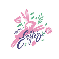 Happy Easter colorful text lettering style and bunny or rabbit pink color vector illustration.