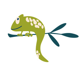 Cartoon chameleon. Hand draw wild green lizard sits on a branch. Perfect for kids, prints and posters. Vector hand draw illustration isolated on the white background.