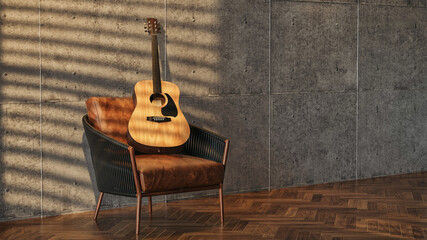 brown leather chair with the guitar