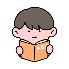 A cute boy character, reading a book, studying and doing homework, isolated on a background, for a back-to-school concept.