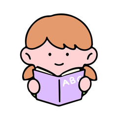 A cute girl character, reading a book, studying and doing homework, isolated on a background, for a back-to-school concept.