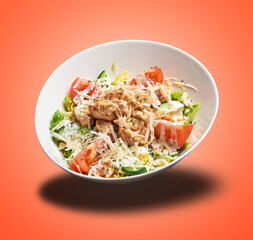 Floating  White Bowl with Caesar salad