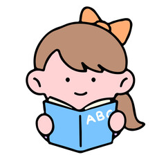 A cute girl character, reading a book, studying and doing homework, isolated on a background, for a back-to-school concept.