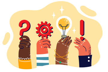 People hands with symbols of looking for ideas to create innovative business or production 
