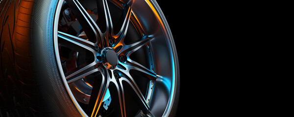 Close-up photo of a car wheel in the black background studio.