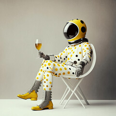 Fashion editorial portrait of astronaut in surreal white, black and yellow polka dot spacesuit with bottle of wine created using AI generative technology