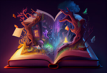 Illustration of a magical book that contains fantastic stories. Generate Ai