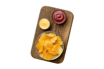 Top view chips with sause in bowl isolated on white background, top view with copy space