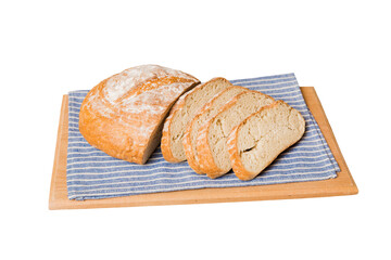 Assortment of freshly sliced baked bread with napkin isolated on white background. Healthy unleavened bread. French bread slice