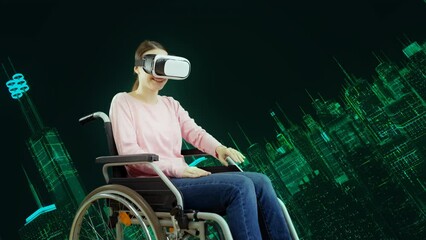 Woman with disability experiencing flying over cybercity in VR goggles
