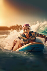 AI illustration of a happy grandma surfing
