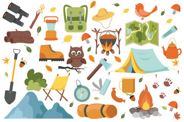 Camping set icons concept in the flat cartoon design. Images of things and tools that will be needed in camping. Vector illustration.