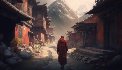 Tibetan monk in red robe walking on path among mountain village rear view, beautiful nature landscape of divine sacred concept, monk pilgrim traveling alone at breathtaking nature view, generative AI