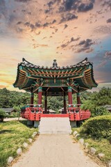 Traditional South Korean temple dancheong in the brilliant sunset.
