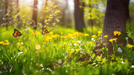Papillons et fleurs de printemps - obrazy, fototapety, plakaty