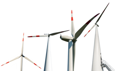 Collection of four white and red wind turbines isolated on white or transparent background. Renewable energy. Photography, png.
