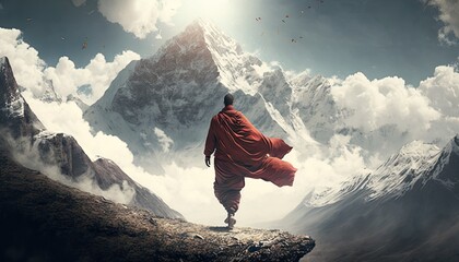 Tibetan monk in red robe walking on path among mountains rear view, beautiful nature landscape of divine sacred concept, monk pilgrim traveling alone outdoor at breathtaking nature view, generative AI - obrazy, fototapety, plakaty