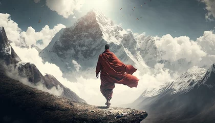 Zelfklevend Fotobehang Tibetan monk in red robe walking on path among mountains rear view, beautiful nature landscape of divine sacred concept, monk pilgrim traveling alone outdoor at breathtaking nature view, generative AI © TRAVELARIUM
