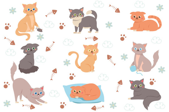 Cute cats set icons concept in the flat cartoon style. Cute cats playing and having fun at home. Vector illustration.