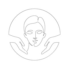 Beauty and skin care concept. Vector one line illustration. Human hand hold unisex face avatar by continous line on white background. Design element for fashion, skincare, cosmetology, dermatology