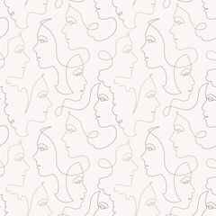 Female beauty concept. Vector one line seamless pattern illustration. Different woman face avatars by continous line on white background tile. Design element for fashion, skincare, sale, advertisement