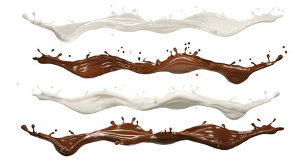 abstract beauty shapes milk or yogurt and chocolate liquid splash isolate on white background. 3D Rendering.  PNG files.