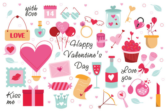 Valentine's day set concept in the flat cartoon design. Cute stickers and pictures that symbolize the day of all lovers. Vector illustration.