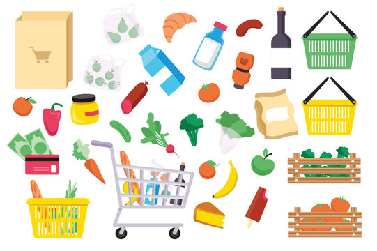 Supermarket products set concept in the flat cartoon design. Image of supermarket products that are included in the customer's basket and cart. Vector illustration.