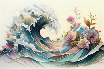 Colorful water wave with spring flowers,  pastel color, floral ocean background, generative AI