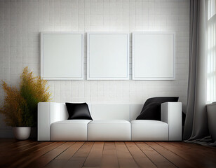 Blank white square frame mockup on a wall of beautiful interior room Generative AI