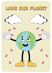  Retro planet in trendy retro cartoon groovy style. Groovy planet for stickers, banners, posters, design. World Environment Day.