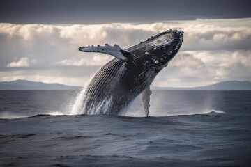 Fototapeta premium A humpback whale leaping out of water, jump out of water.