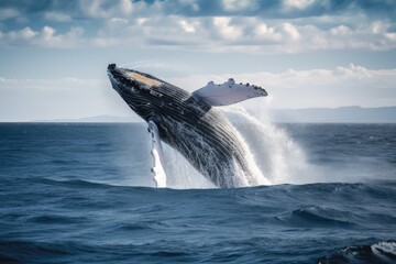 Fototapeta premium A humpback whale leaping out of water, jump out of water.