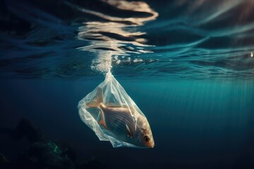 Obraz premium a Fish stuck inside plastic bag swimming in the ocean water.