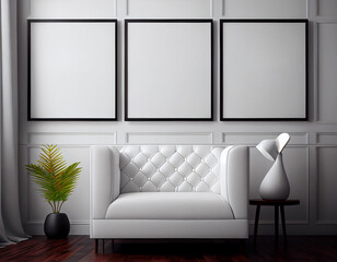Blank white three frame mockup on a wall of beautiful interior room Generative AI