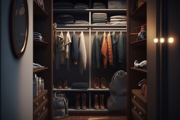 Clothes on hangers in a closet. Wardrobe with clothes. Generative AI