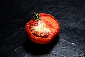 Spoiled, rotten, flabby tomato on black background.