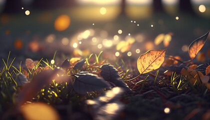 Closeup view of falling leaves on grass in morning sunlight with bokeh,Generative AI