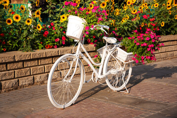 Fototapeta na wymiar White bicycle with flowers in a garden