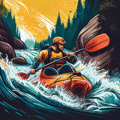 Man kayaking in whitewater surrounded by rocks and forest, adventure and active sport on the river, generative AI