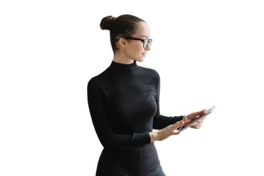 Female financier programmer with glasses office clothes, transparent background, png, isolated.