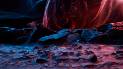 Dark scary rocks in the smoke. Fantastic and fabulous composition on dark background. Panoramic...