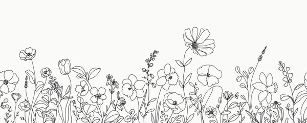 seamless minimal Hand drawn botanical flowers and leaf vector in Spring and summer collection - 583035983