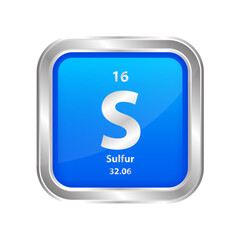 Icon structure Sulfur, Sulphur (S) number 16 chemical element square blue line silver. Periodic table. Sign with atomic number. Study in science for education. 3D vector illustration.	