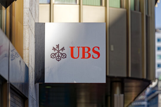 Close-up of logo of Swiss bank UBS at City of Z&uuml;rich at day after rescue deal on a sunny later winter morning. Photo taken March 20th, 2023, Zurich, Switzerland.