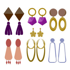 Fashionable set of earrings. Feminine jewelry, wear accessories of fashionable shapes, modern design. Stylish women's jewelry. Jewelry for girls. Flat illustration highlighted on a white background